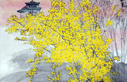 梁策国画作品：《迎春》