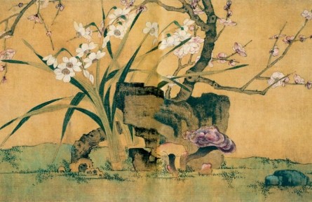 中国画《梅石水仙图》